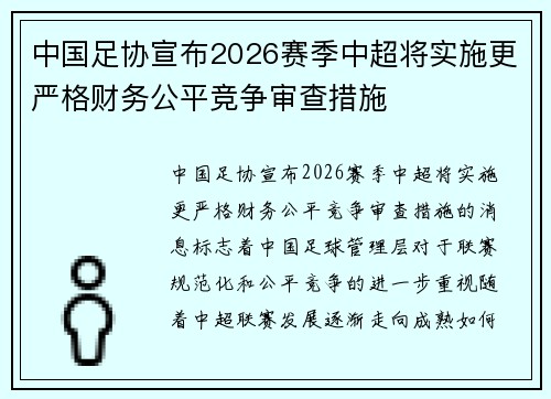 中国足协宣布2026赛季中超将实施更严格财务公平竞争审查措施